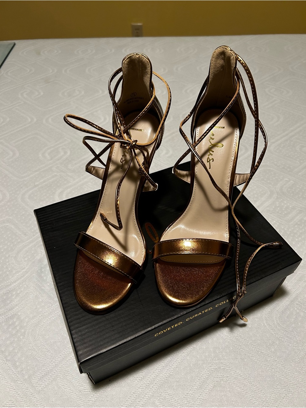 Lace-Up Bronze Metallic Open-Toe Heels